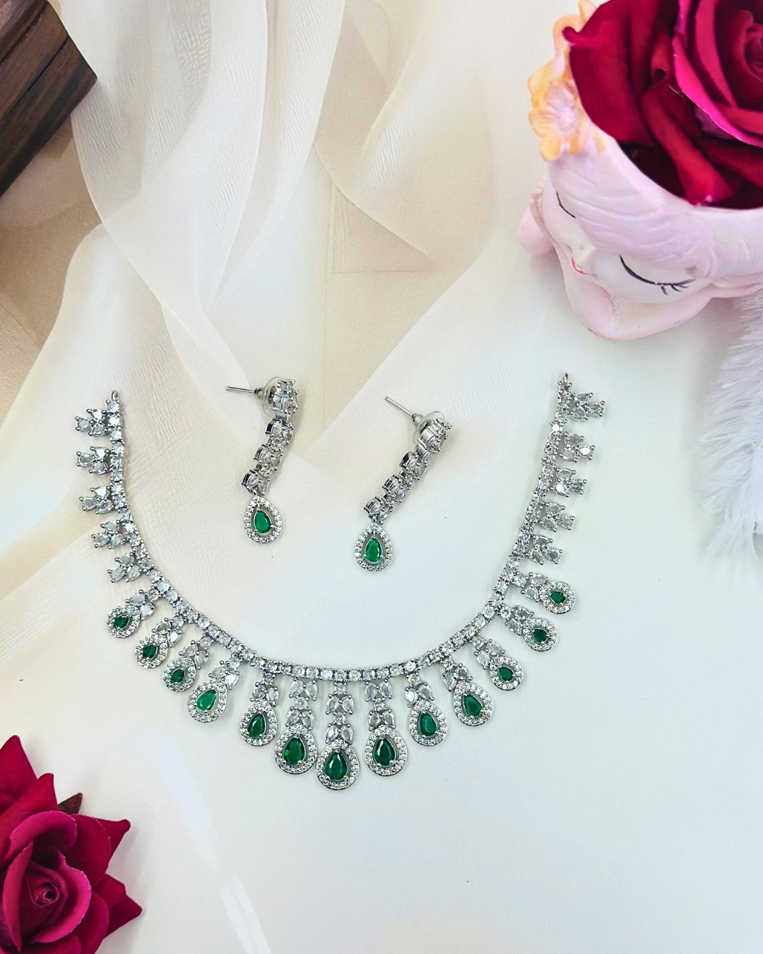 Silver Finish Green AD Stone Necklace